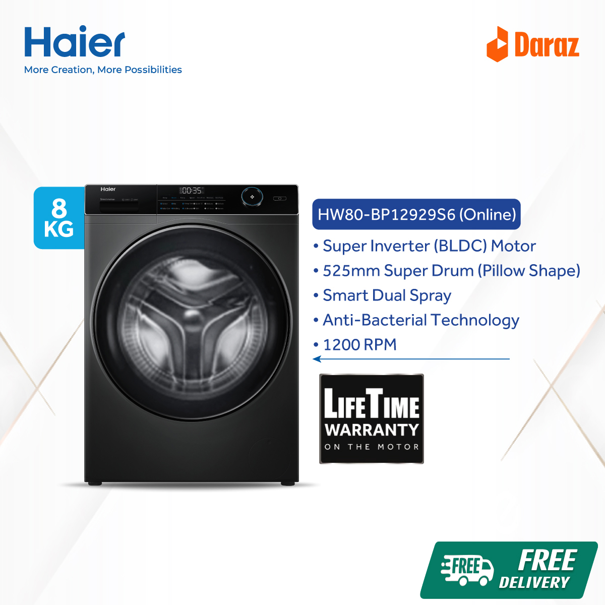 Haier 8Kg Front Loading Washing Machine (HW80-BP12929S6).