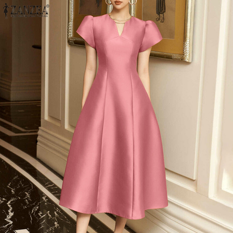 ZANZEA%20Korean%20Style%20Women's%20Dress%20V-Neck%20Puff%20Sleeve%20Dresses%20Party%20Prom%20Elastic%20Waist%20A-Line%20Dress%20-%20Image%202