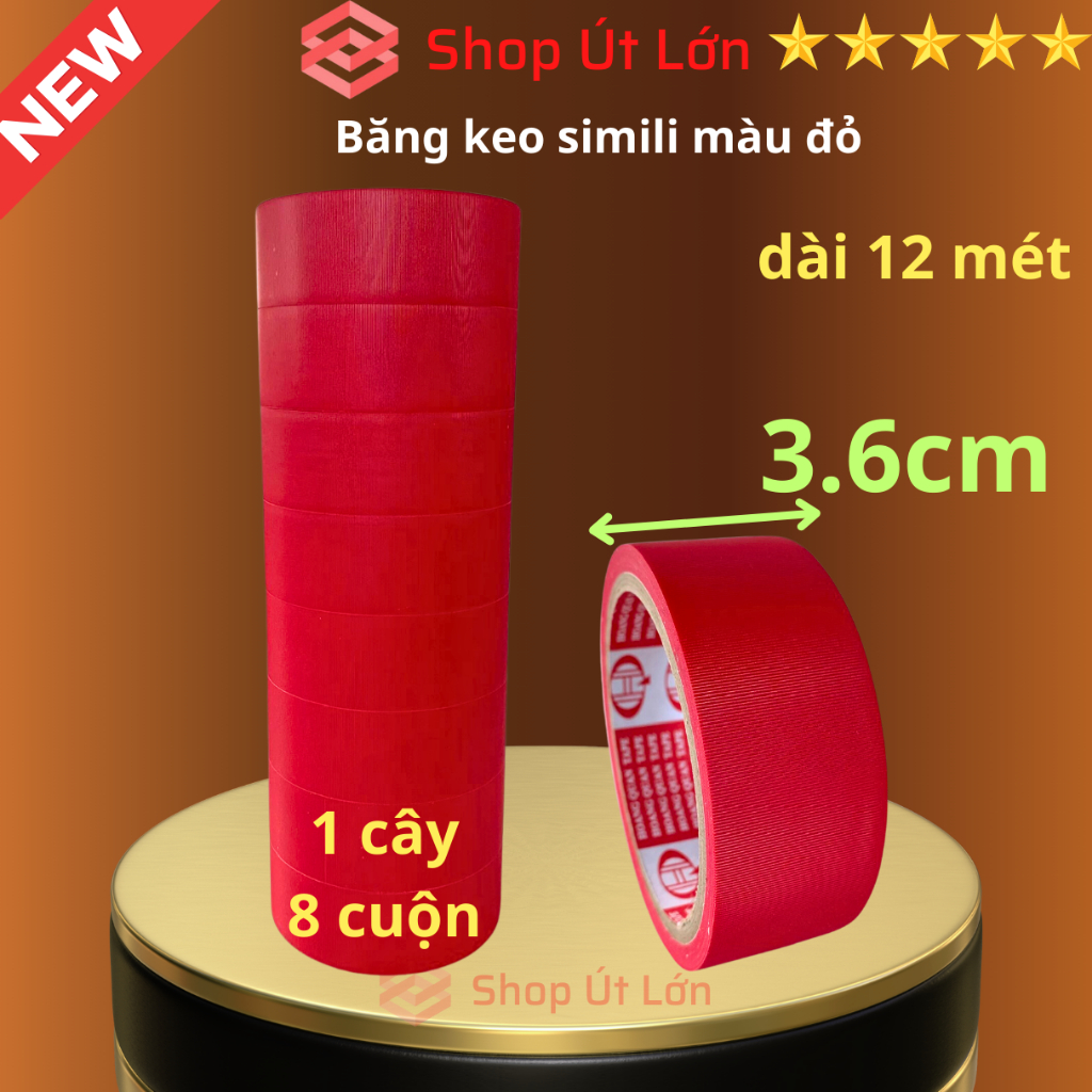 Băng keo simili màu đỏ, rộng 3.6cm, dài 12 mét, lõi giấy 3mm, 1 cây 8 cuộn, giá tại xưởng