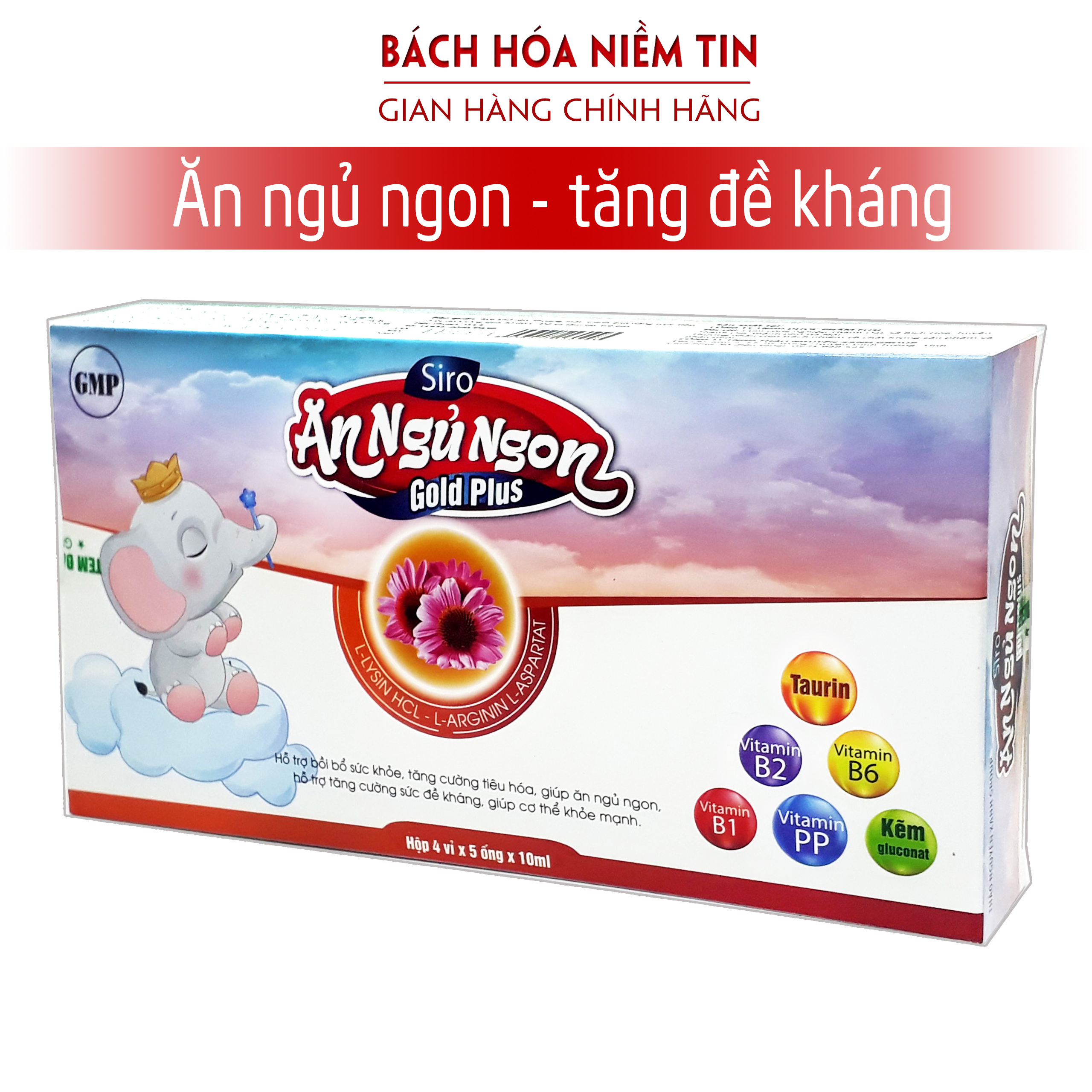 Siro giúp bé Ăn Ngủ Ngon Gold Plus - bổ sung kẽm, taurin, vitamin giúp bé tăng sức đề kháng, tiêu hóa khỏe - Hộp 20 ống x 10ml chuẩn GMP