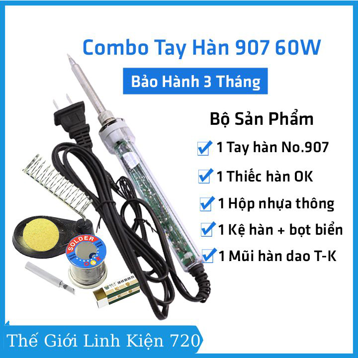 Combo mỏ hàn 907, tay hàn no.907 chỉnh nhiệt 220v 60w và 5 món phụ kiện bảo hành 3 tháng