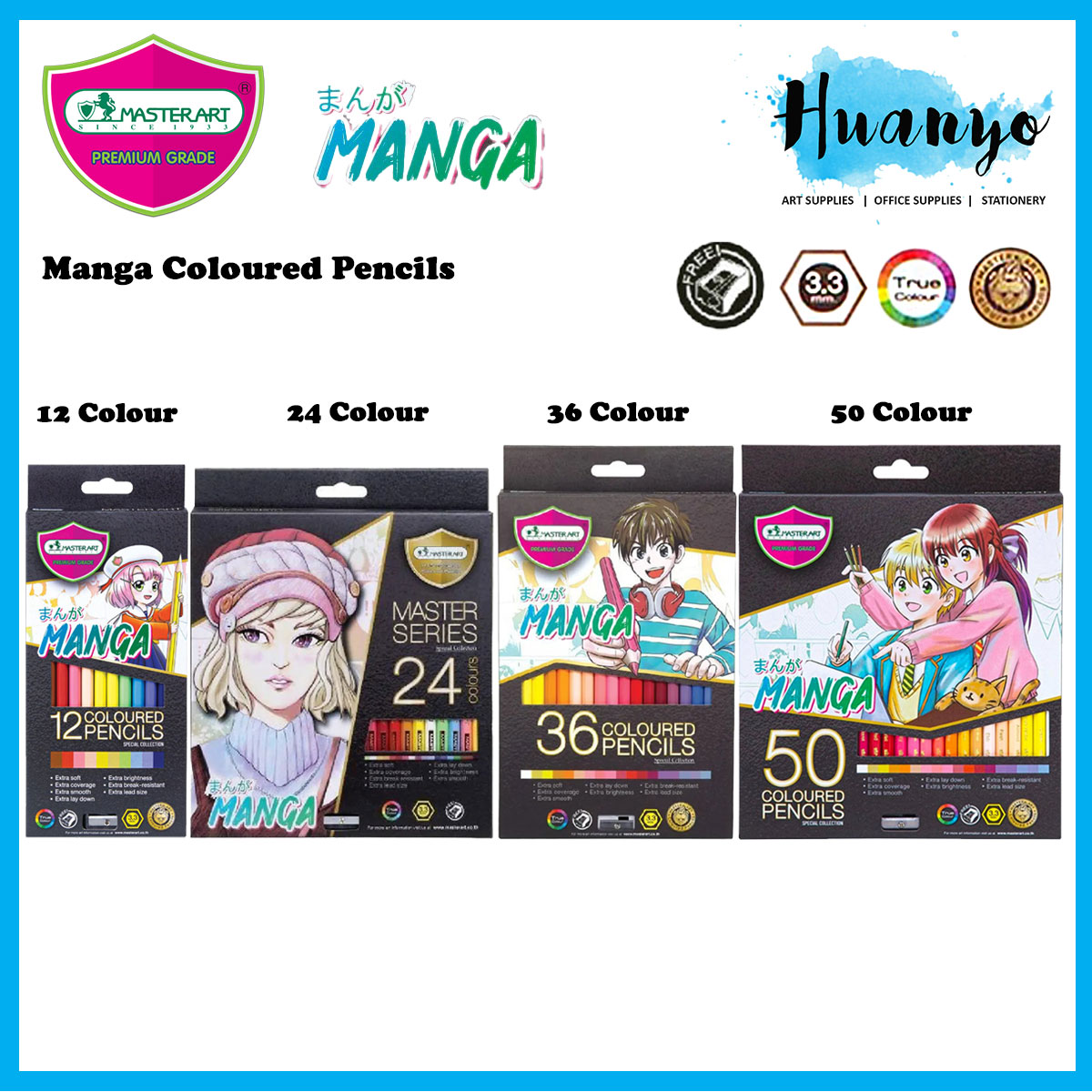 MASTERART Manga Colored Pencils 50 Colors - Extra Soft 3.3mm Lead Art Supplies