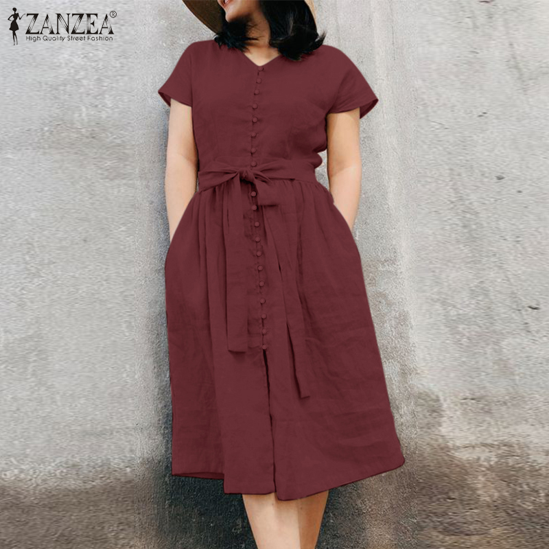 Popular】 ZANZEA Women's Dresses Vintage Casual Cotton Linen Short