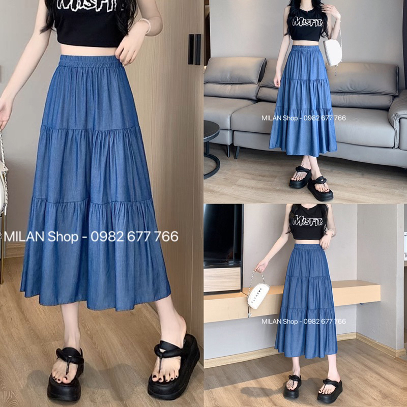 AA18-Chân váy bò(jean) lụa cực mát dáng dài xoè tầng Quảng Châu