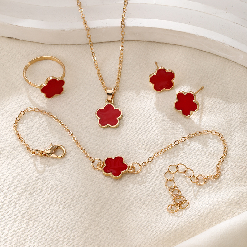 【Best-Selling】 1Set Exquisite Fashion Five Leaf Grass Necklace Earrings Bracelet Ring For Women Girls Simple Elegant Daily Accessories Gifts MIRRORRR.