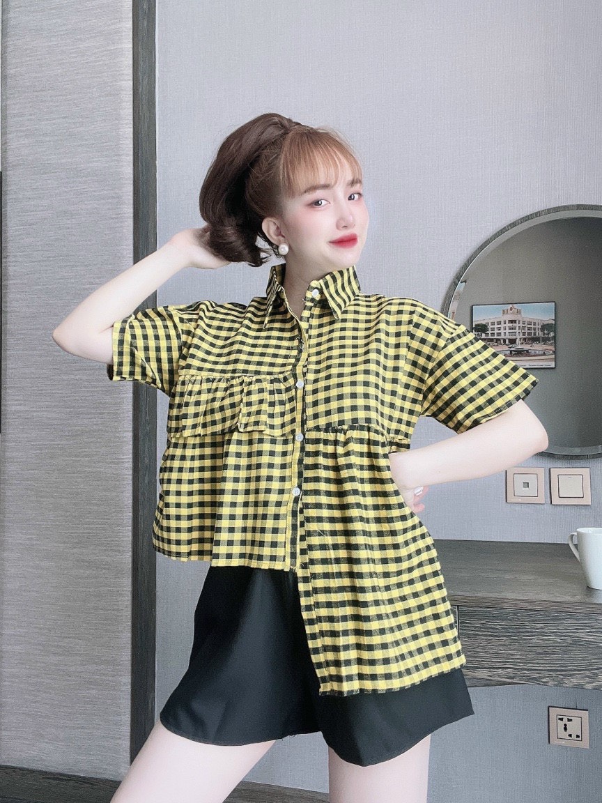 Sét bộ áo sơ mi chéo tà, sét áo sơ mi caro, sét áo sơ mi caro, sét sơ mi caro bèo áo chéo chéo tà mix quần đùi siêu xinh