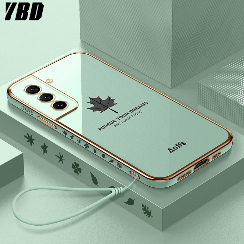 YBD Straight Edge Plating Phone case For Samsung Galaxy S21 FE casing, Precise Camera Protection case Maple leaf pattern cover with Free lanyard