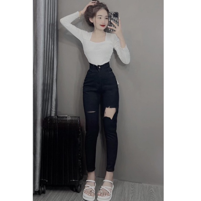 Set Jeans dài co giãn đen rách ô + áo cổ vuông tay dài trắng 2024