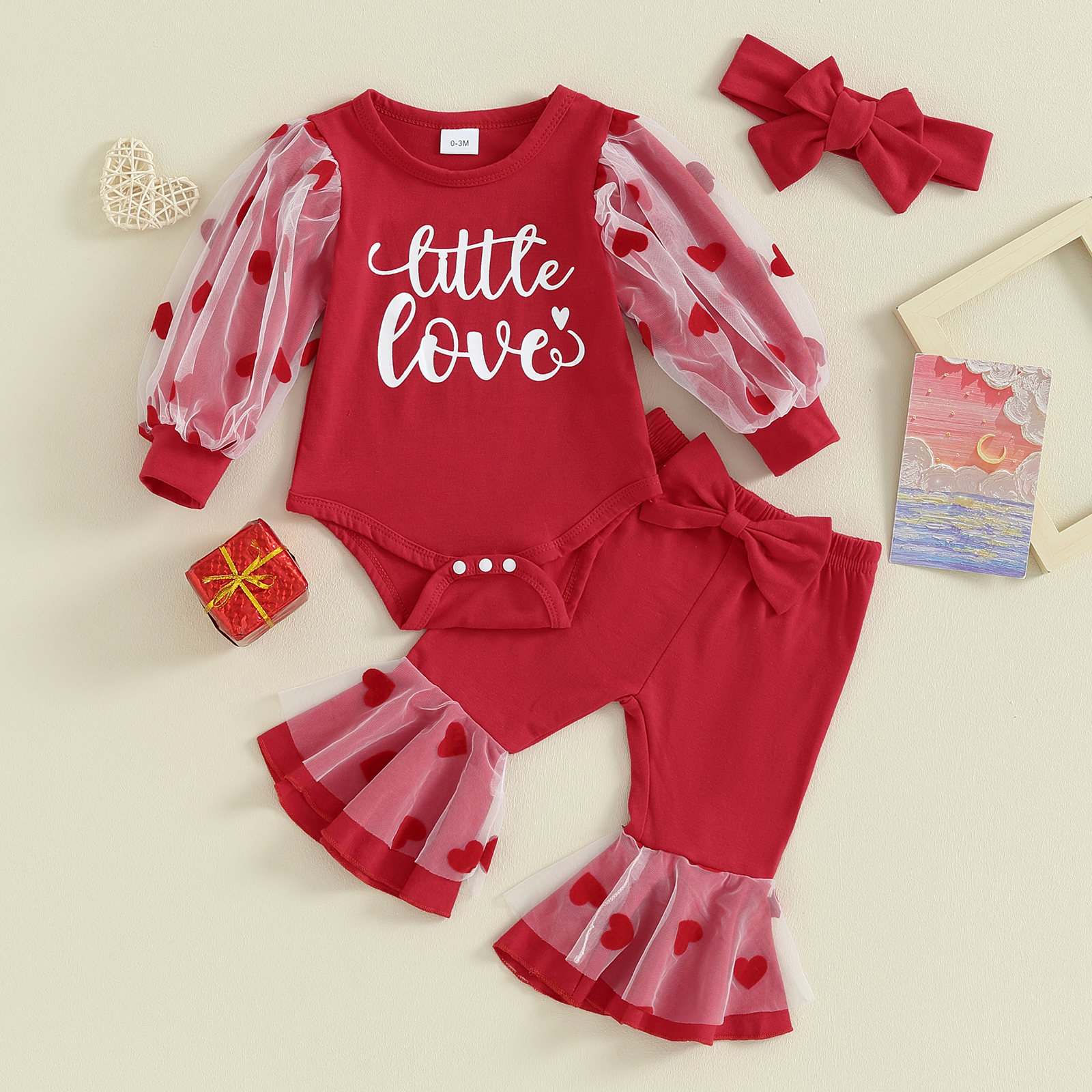 Heartandsoul- 0-18M Cute Baby Girls Red Long Sleeve Heart Print Romper and Flared Pants Headband Sets For Valentine's Day