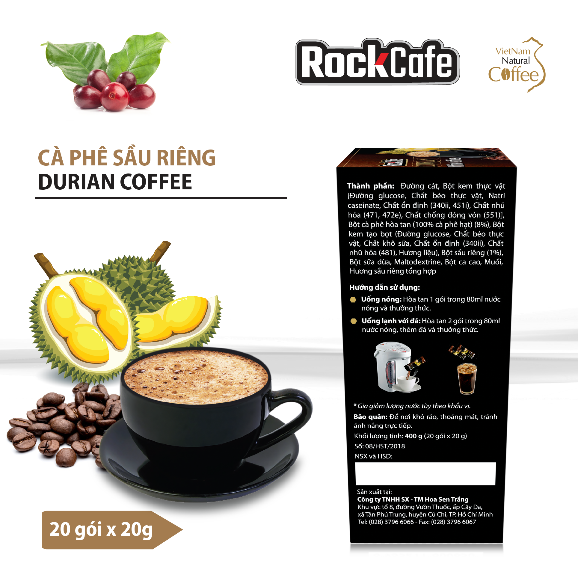 RockCafe - Cà phê hòa tan 3 trong 1 - Vị sầu riêng độc đáo - Thơm ngon - Tinh khiết - Hộp 20 gói x 20 gr