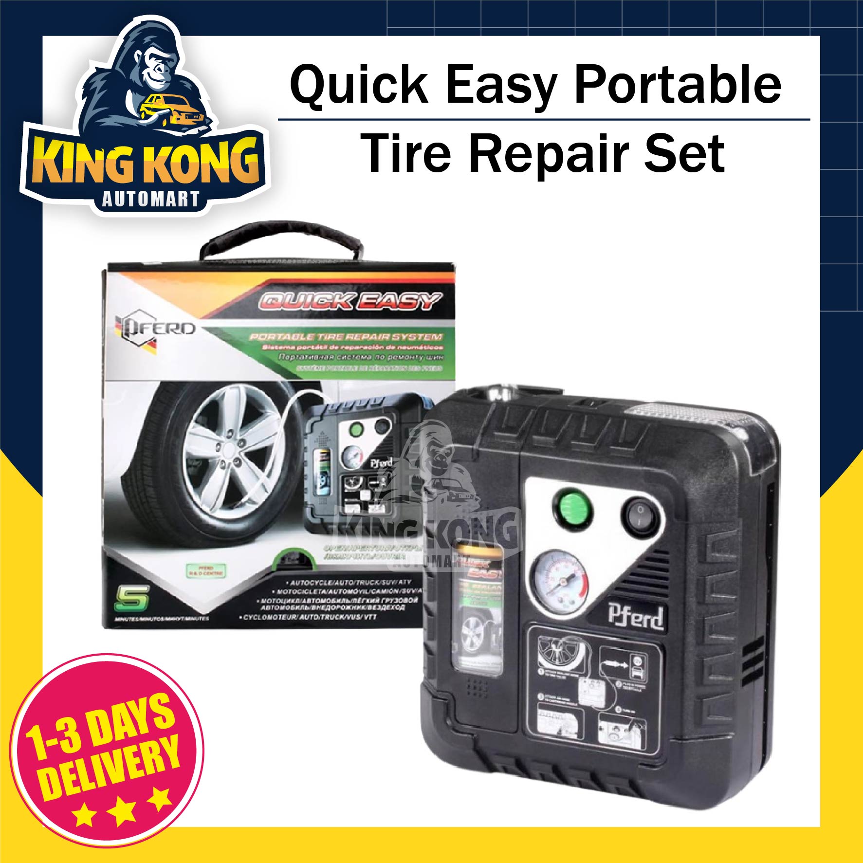 PFRED 12V Car Pump Tire Repair Kit Inflator Air Compresser Quick Easy