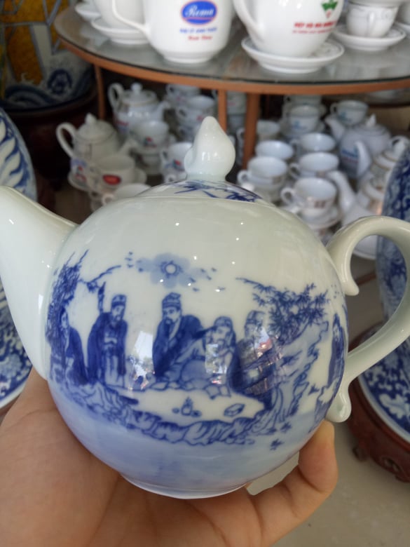 Bộ ấm chén Bát Tràng chóp lửa men lam cổ