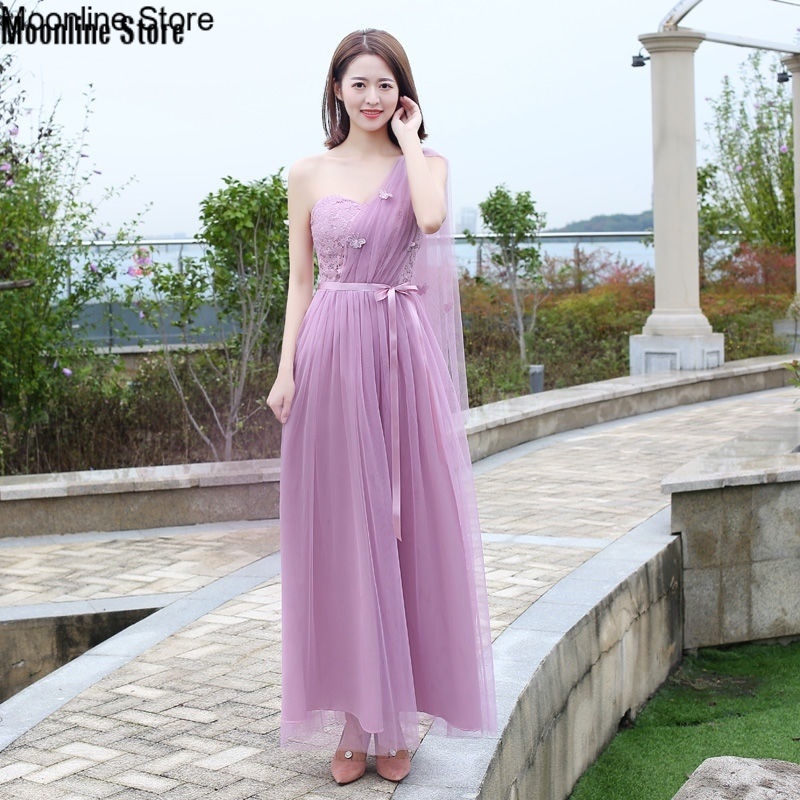 Korean Elegant Pink Blue Purple Bridesmaid Gown Civil Wedding Party Debut Mesh Net Tulle Long Maxi Dress 128CM Lazada PH