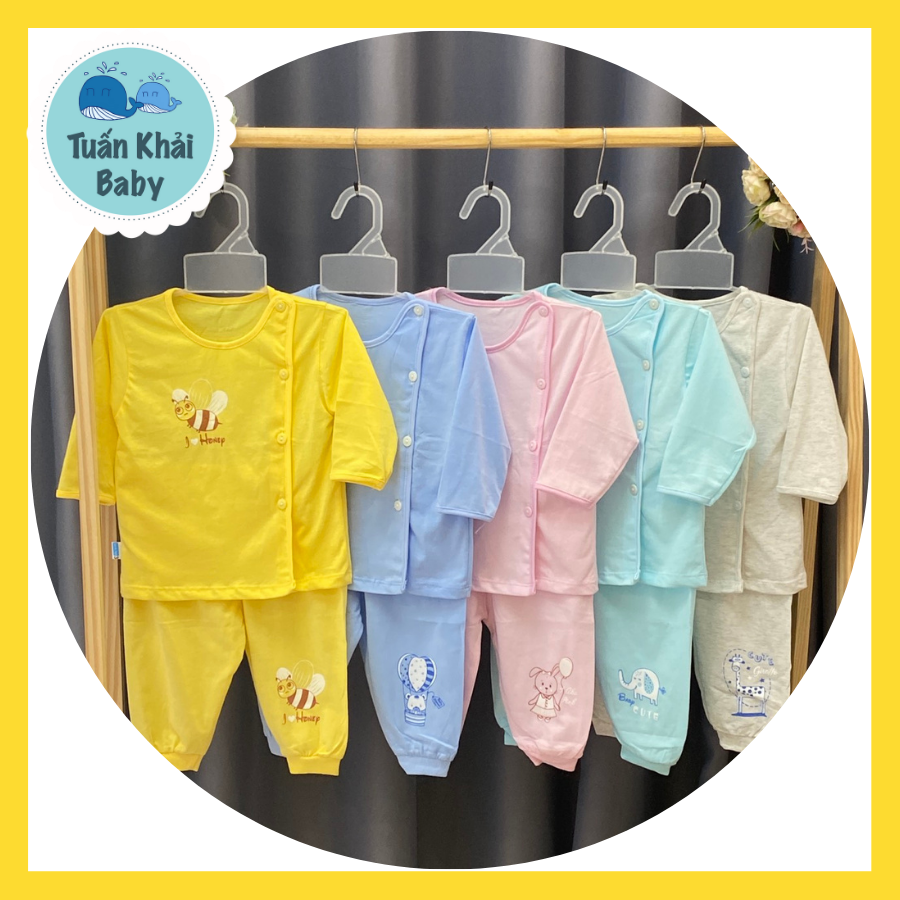 Túi 1 Bộ Quần Áo Sơ Sinh Tay Dài Cài Nút Lệch Màu Thái Hà Thịnh - Có 3 Size 1, 2, 3 cho bé sơ sinh - 9 kg -  Chất vải cotton 100% xịn đẹp mềm họa tiết xinh - Bộ Quần áo trẻ em