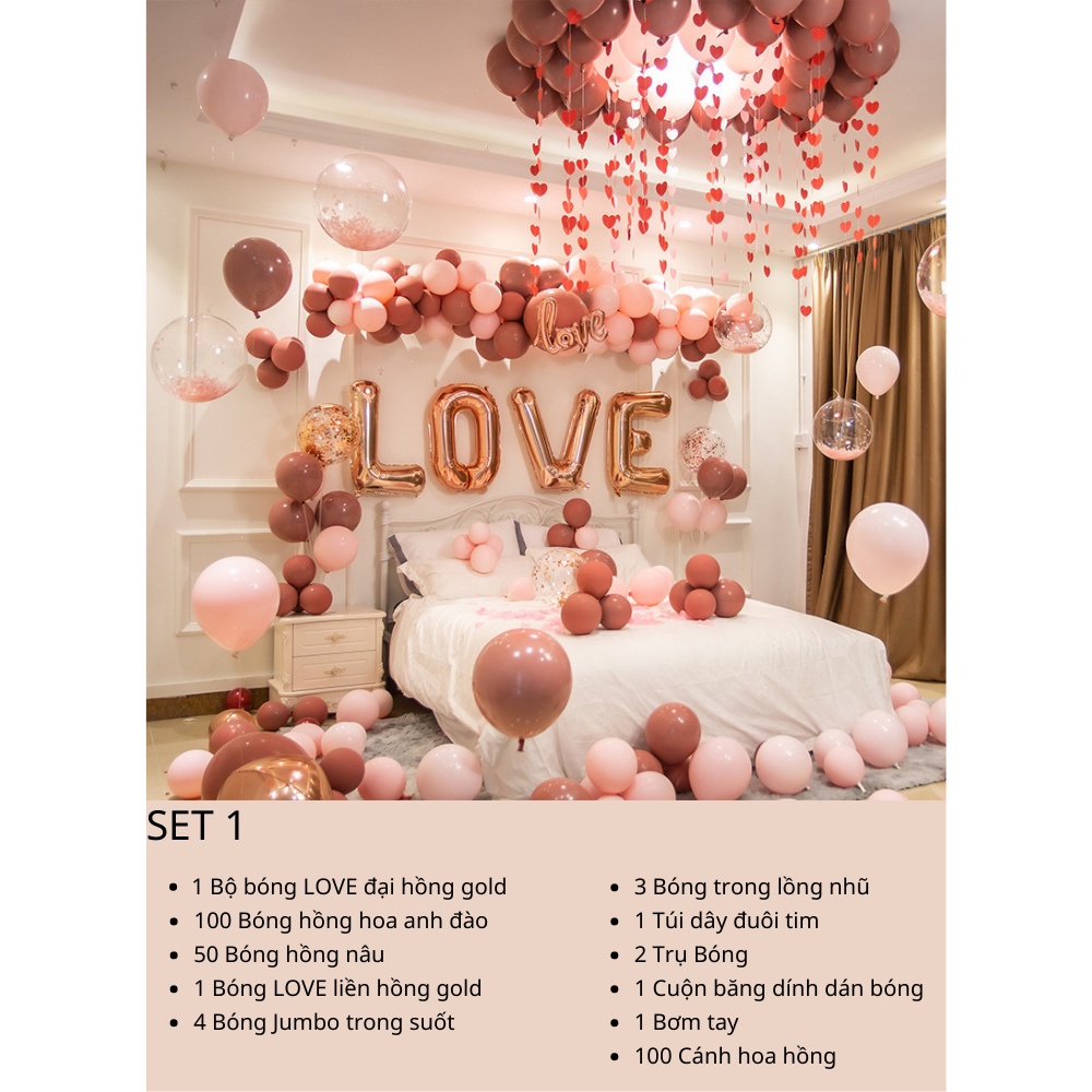 Set Bóng Bay Trang Trí Phòng Cưới [Tặng 100 cánh hoa hồng lụa]