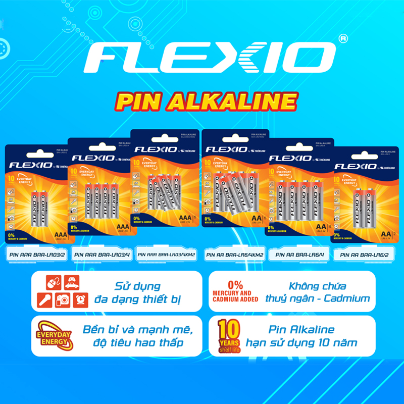 Pin Alkaline AAA Thiên Long Flexio - Tặng 02 Pin cho Vỉ 4