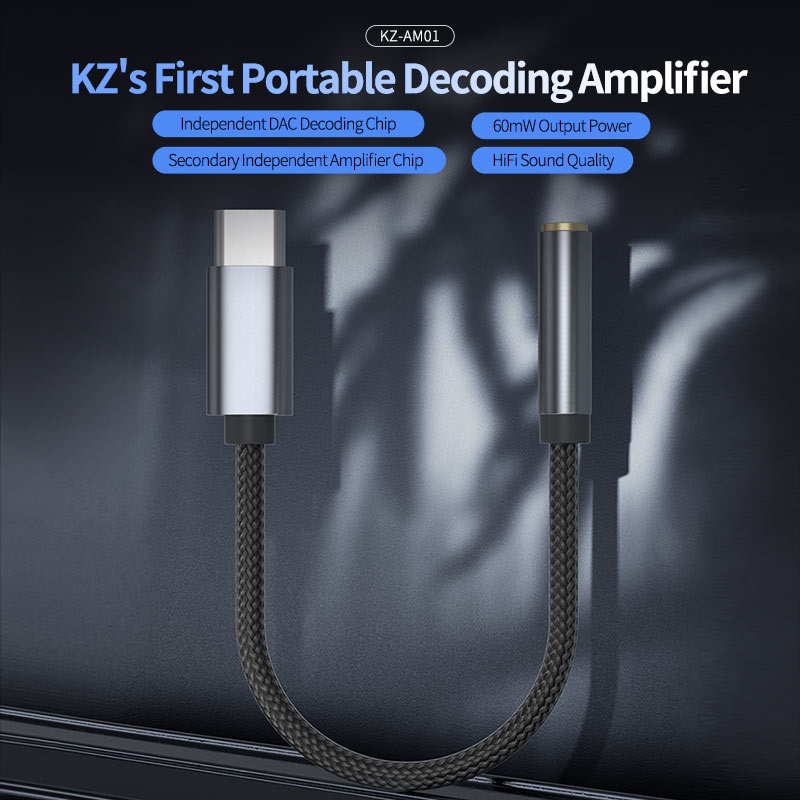 Kz am01 type-c to 3.5mm audio adapter line 32bit/384khz hi-fi dac + ic amplifier dual chip earphone audio cable for trn mt4 pro