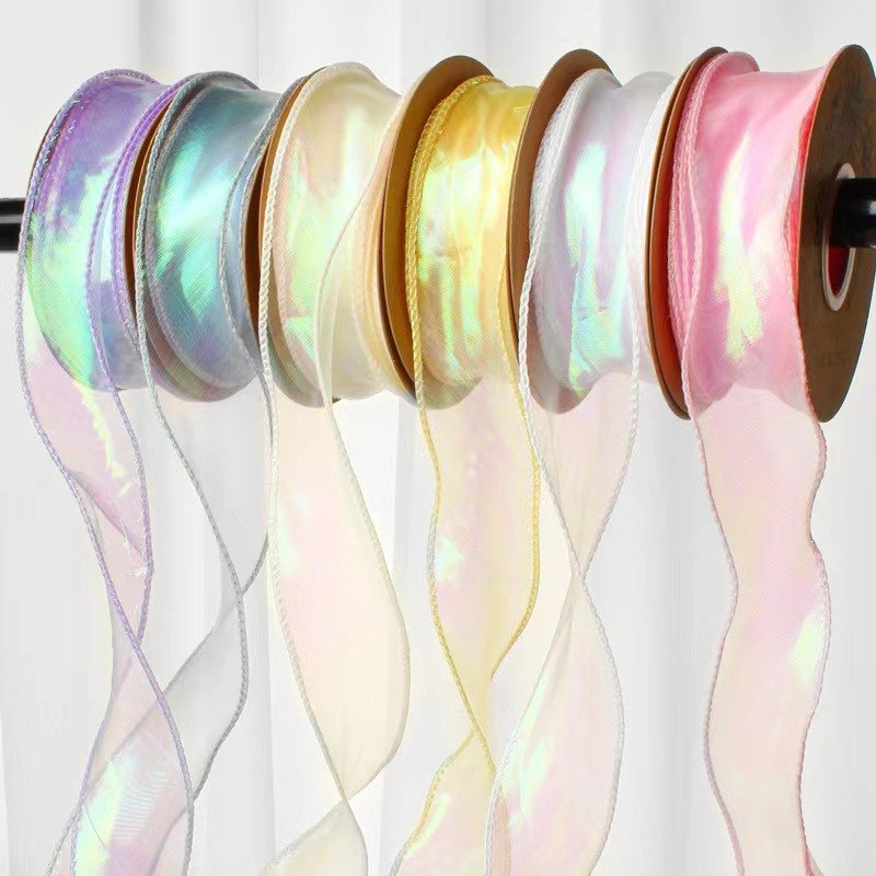 Ruy băng voan 4cm viền sóng màu cầu vồng