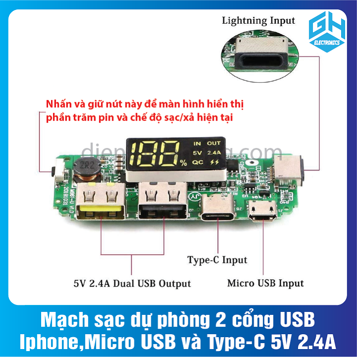 Mạch sạc dự phòng 2 cổng USB, Iphone, Micro USB và Type-C 5V 2.4A