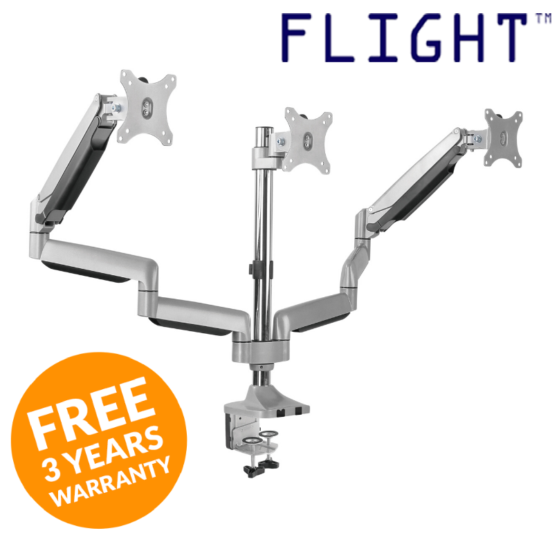 LCD Monitor Arm, Grommet and Clamp, Silver, 19kg, Triple Monitor