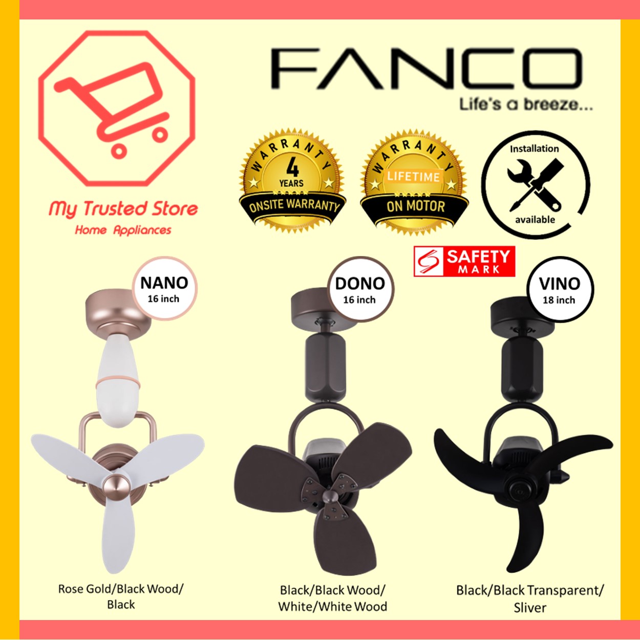Fanco Nano 16 Inch / Dono 16 Inch / Vino 18 Inch Corner Fan W Wall And Ceiling Bracket