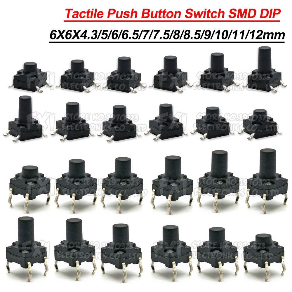 20pcs 6x6 pcb tactile mini push button switch smd dip 4pin micro switch 64.3/5/6/7/8 mm 6x6*4.3mm 5mm 6mm 7mm 8mm waterproof