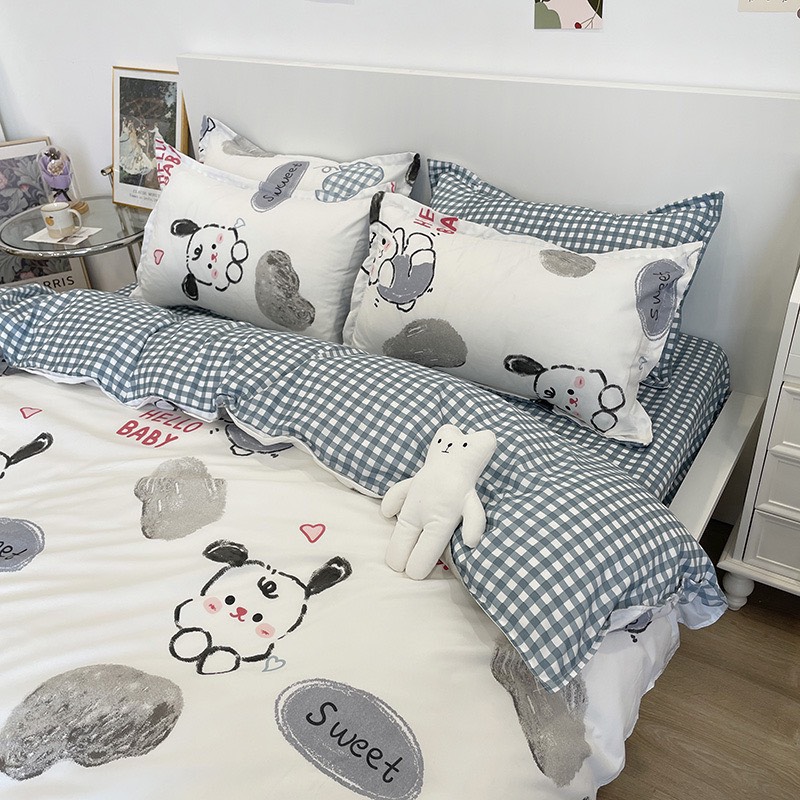 Chăn ga gối cotton poly - Mẫu gấu tim xanh