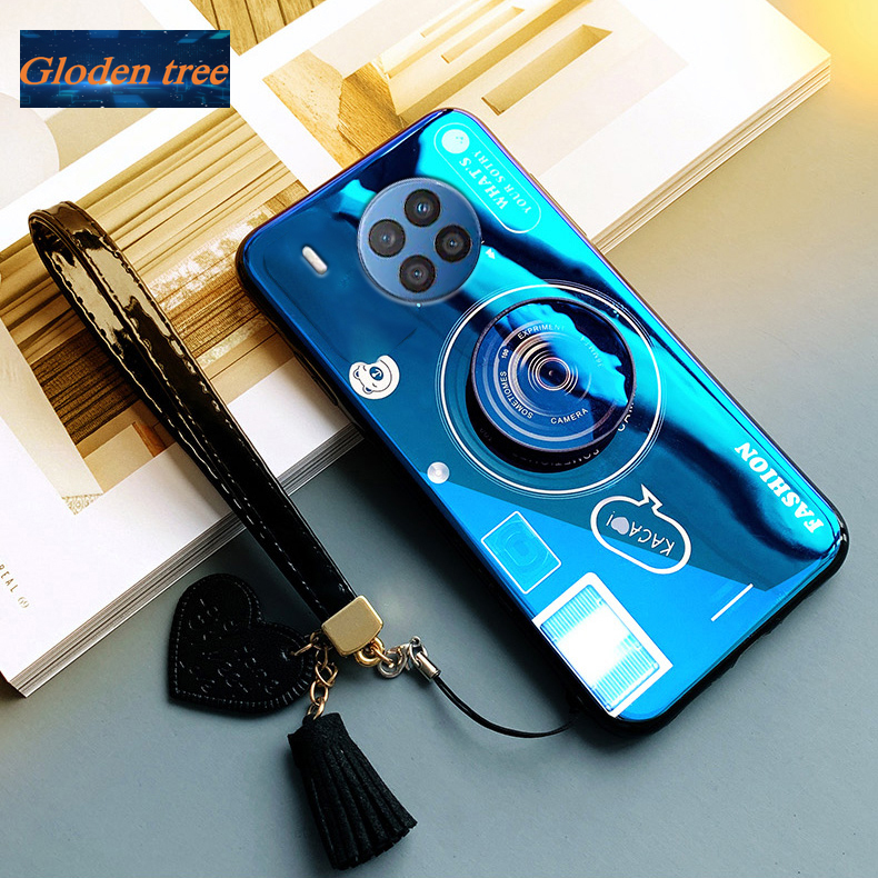 Gloden tree For Huawei Nova 8i Lite Case Camera Pattern + Stand + Beautiful Tassel Hand Strap Protective Back Cover Couple Cases