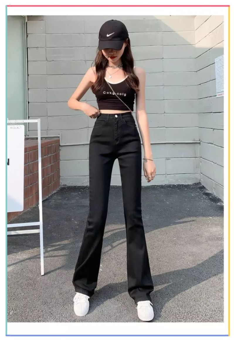 Quần jean nữ ống loe trơn basic, Chất Jean Co Giãn thoải mái vải mềm chuẩn xịn - RÒM93 BOUTIQUE