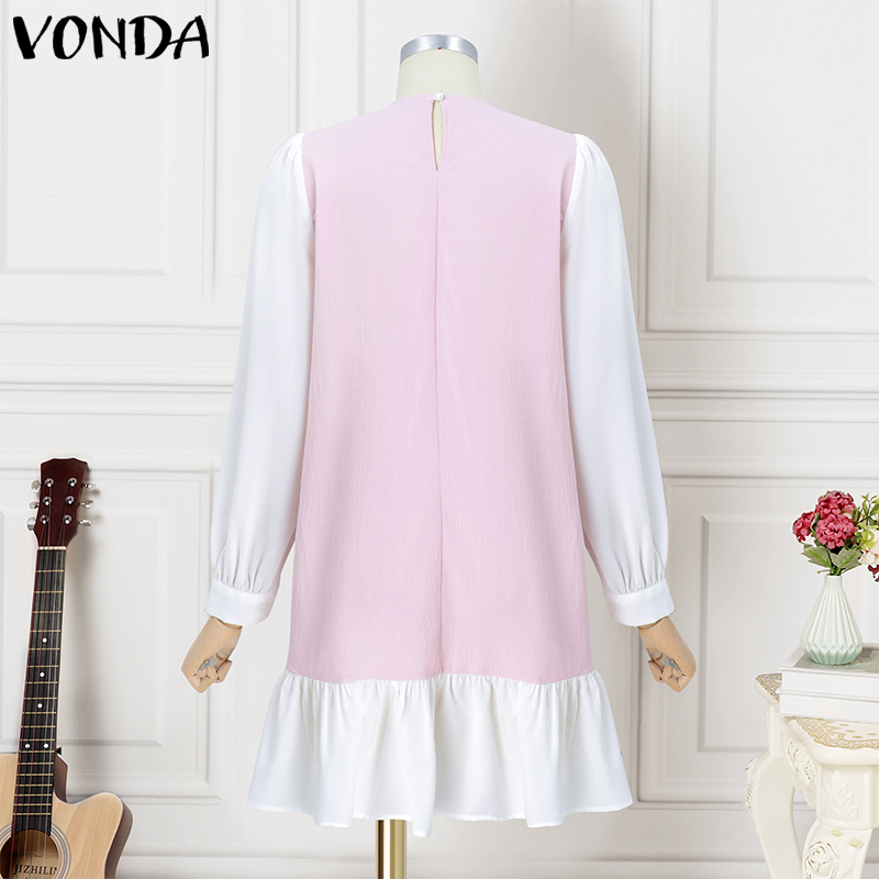 VONDA%20Women's%20Fashion%20Crew%20Neck%20Bowknot%20Contrast%20Dress%20Sweet%20Bubble%20Sleeve%20Ruffle%20Girlish%20Dresses%20(Korean%20Floral)%20-%20Image%206