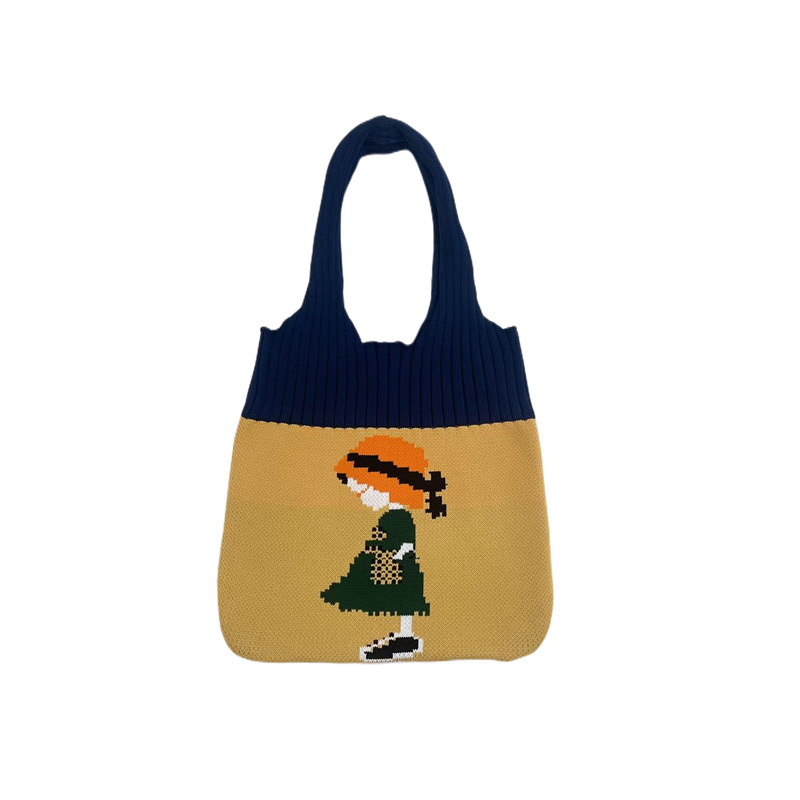 QFDI handbag Mori girl cartoon bag Simple woven bag Korean version creative shopping knitted bag