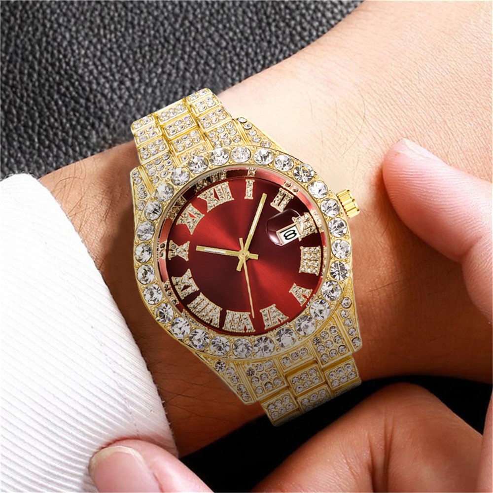 【Exclusive Offer】Stylish Diamond-encrusted Roman numeral steel strap watch for men, featuring a daily calendar quartz movement and a starry sky design. A trending product for modern gentlemen..