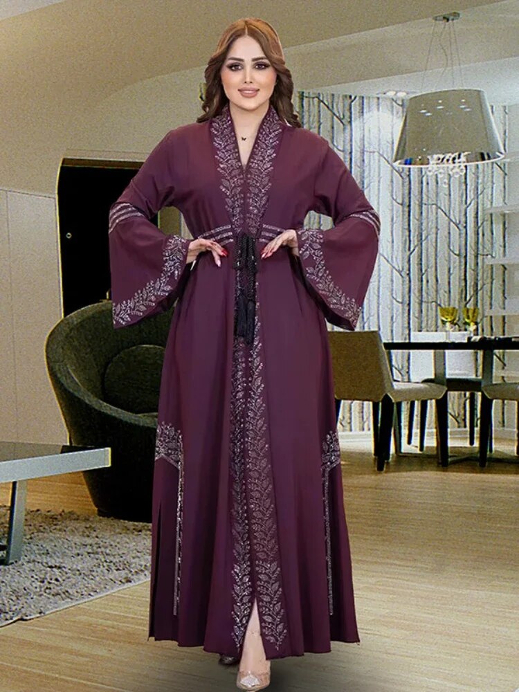 【Trending Now】 Eid Dress For Women Dubai Kaftan Dresses Flare Sleeve Abaya Jalabiya Turkey Ramadan Party Abayas Robe Belt Caftan.