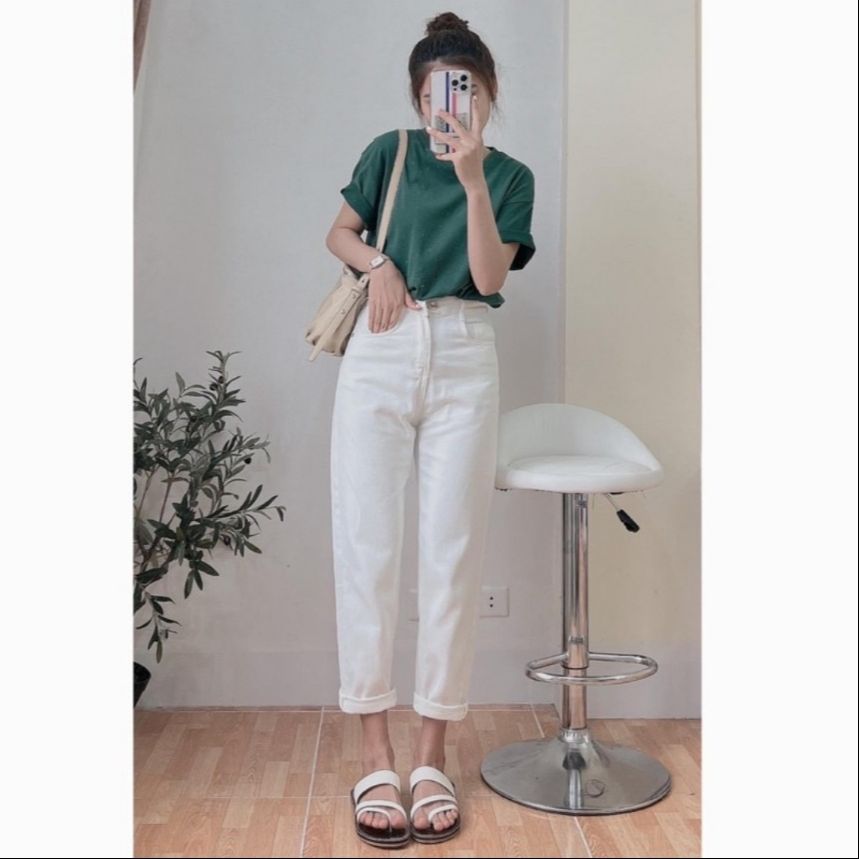 [HCM] Quần baggy kaki nữ màu trắng trơn basic