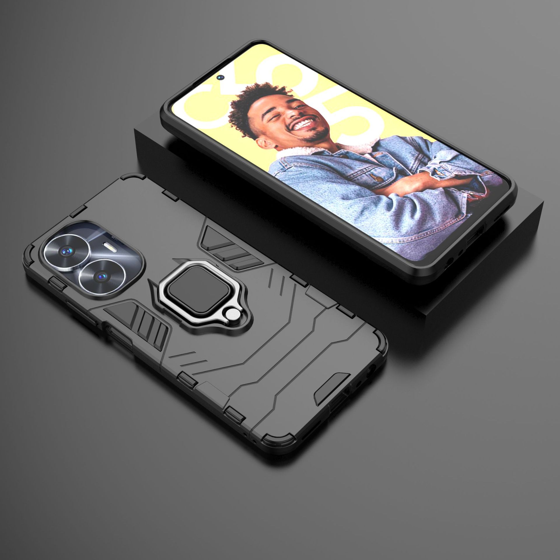 Oppo Realme C55 Shockproof Phone Case with Adjustable Cell Phone Ring Holder Finger Stand.