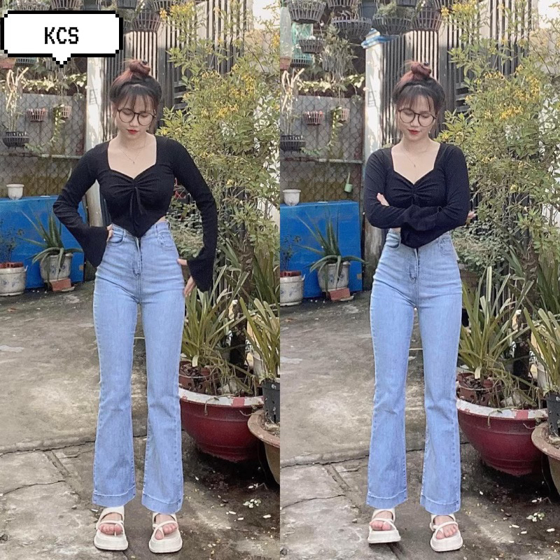 Kcs⭐ set jeans ống loe xanh nhạt+ áo rút dây tay loe đen🔉
