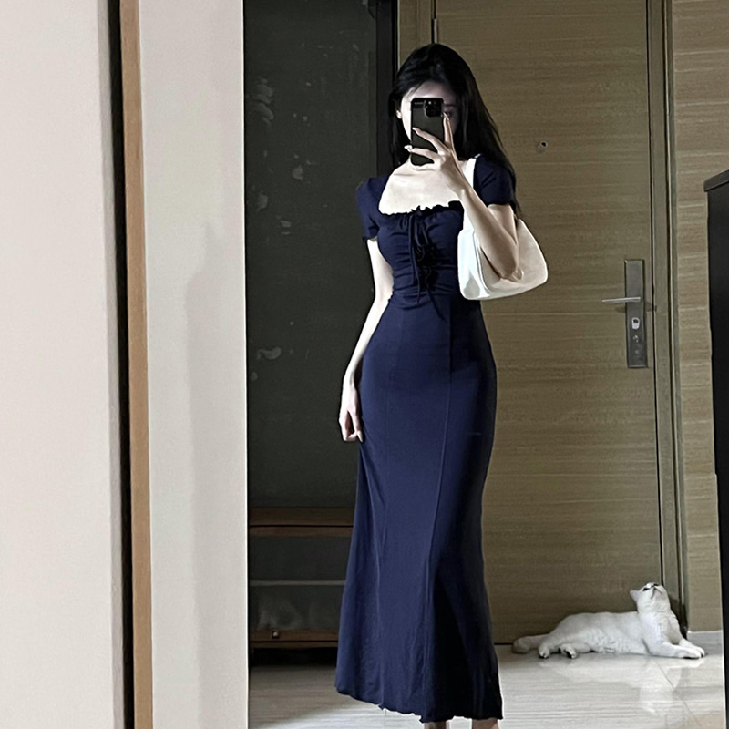 IEF Dressing French retro women's summer small stature slim fit waist slimming and pure desire small mom style wrapped buttocks fishtail long skirt