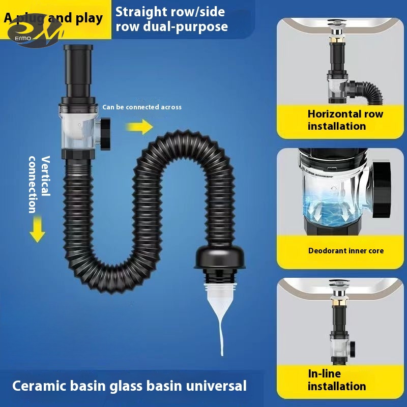 Horizontal and vertical universal washbasin sewer pipe surface, basin drainer, anti-odor drainage pipe, countertop, hand pool, leaking plug accessories