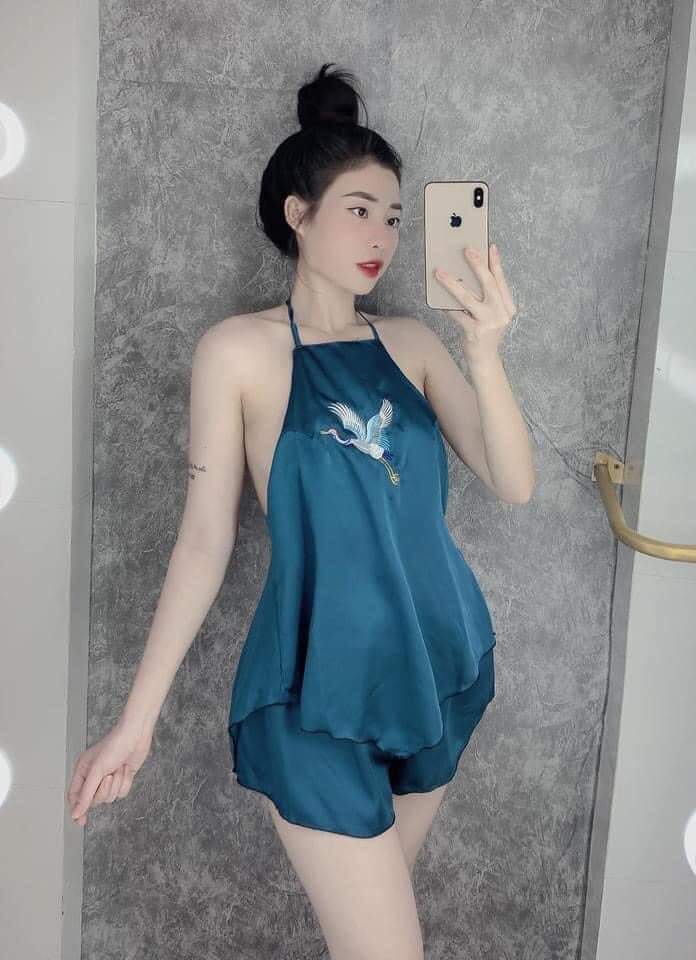 Set Bộ Lụa Yếm Thêu Hạc  Set Yếm Dây Lụa Satin Mặc Nhà From Dưới 58 Kg