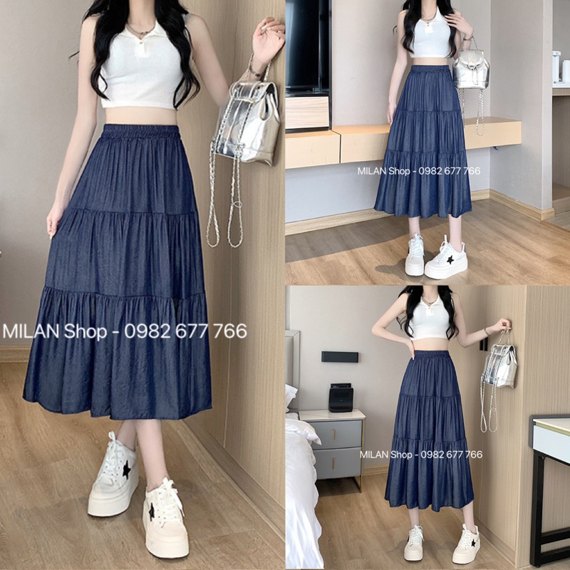 AA18-Chân váy bò(jean) lụa cực mát dáng dài xoè tầng Quảng Châu