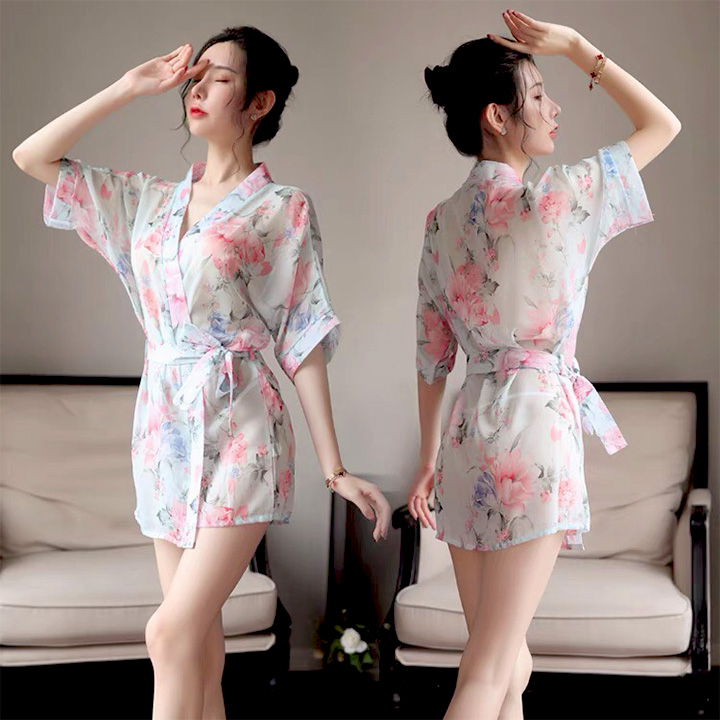 Áo choàng ngủ xuyên thấu sexy kiểu kimono in hoa sang trọng BT42218