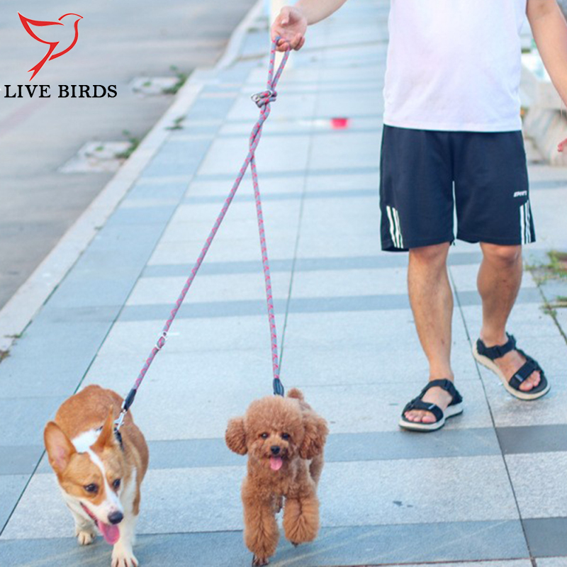 Multifunctional Nylon Double Leash For Dogs Reflective Strip Design Dog Training Leash For Medium Large Dogs