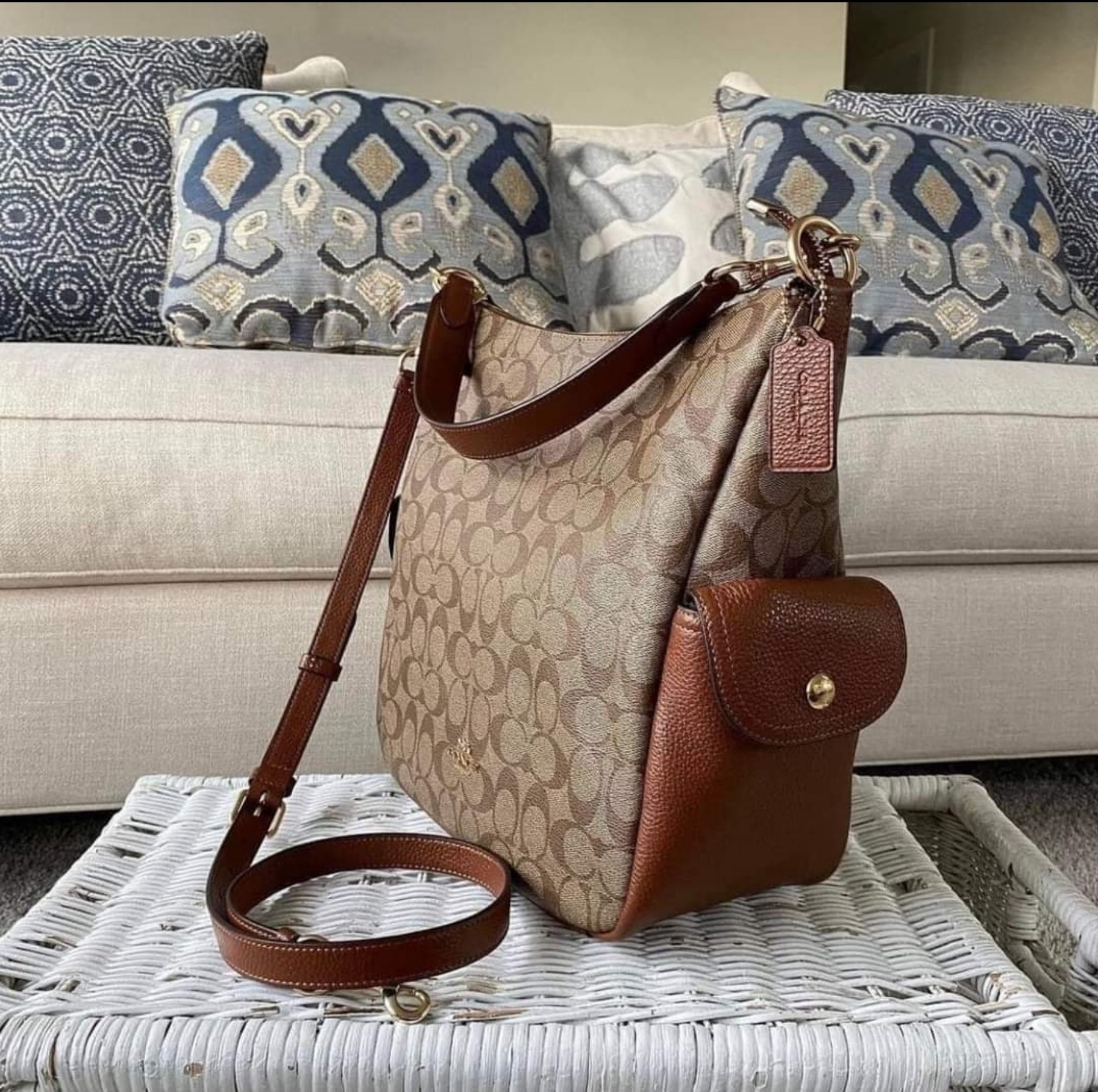 Coach C1523 Pennie Shoulder Bag in Brown Signature Coated Canvas and Black  Refined Pebble Leather - Women's Hobo Bag with Detachable Strap
