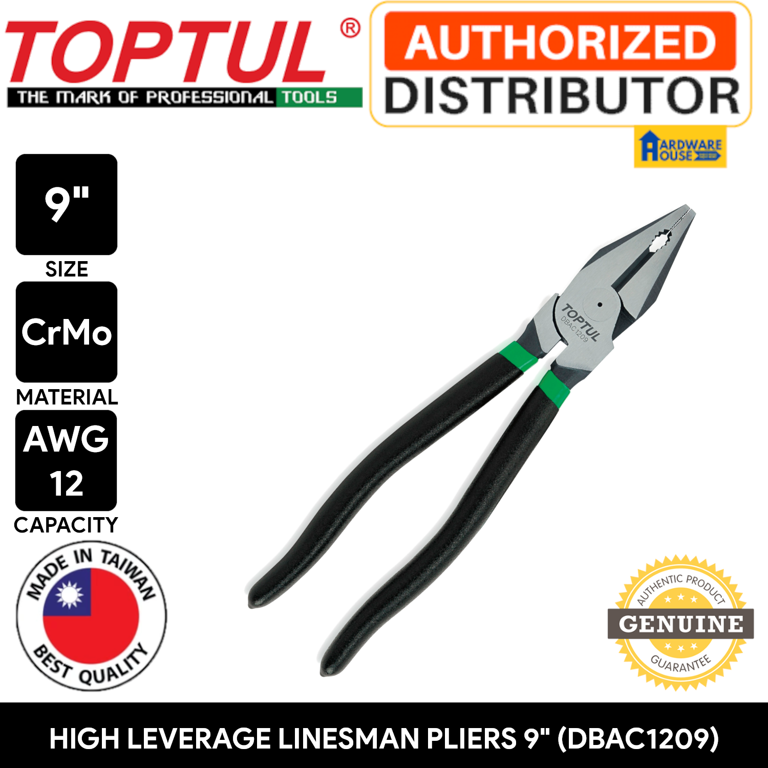 ORIGINAL TOPTUL High Leverage Combination Linesman Pliers 9" For