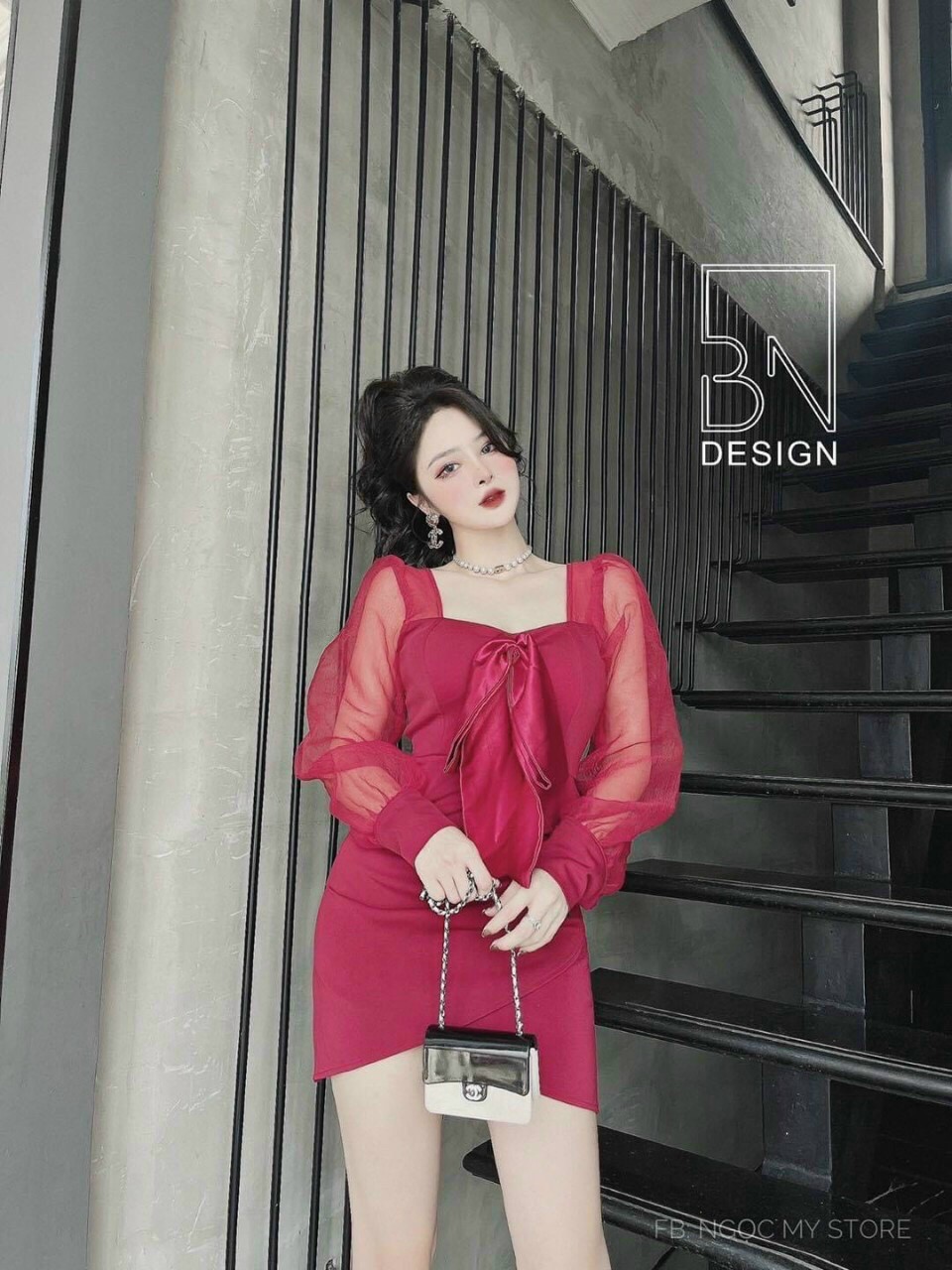 [ hàng mới] Đầm nơ Ngực Tay phối lới siêu xinh