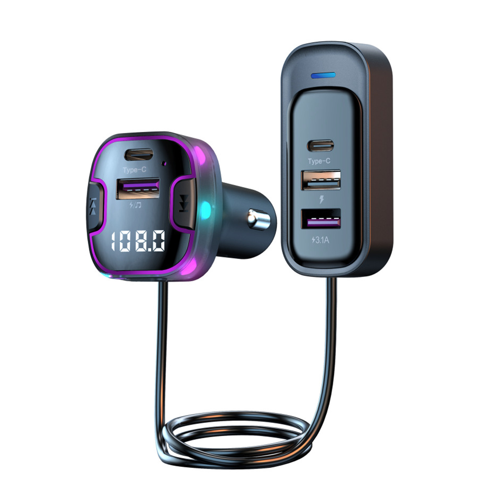 ONWRACE 5 Ports Car Charger 15w Car Charger 5-port Car Charger with Quick Charging Led Ambient Light and Bluetooth Audio Transmitter Perfect