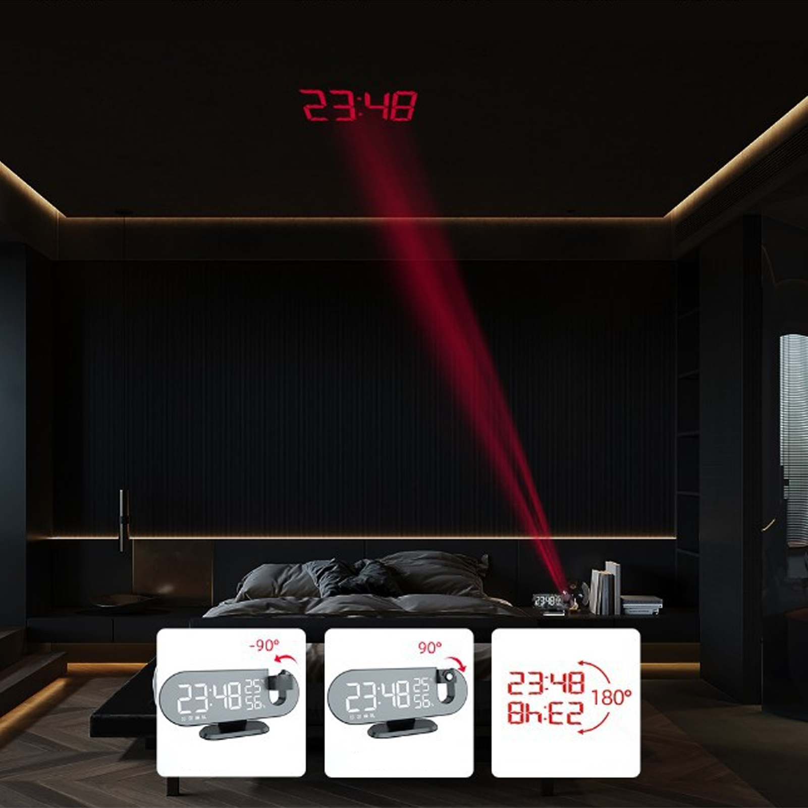 LED Projection Clock 180 Degree Projector Temp Humidity Display Digital Alarm Clock for Office Room