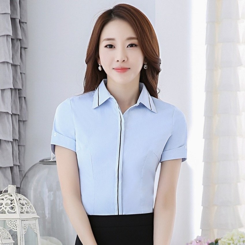 Sơ Mi Nữ Tay Ngắn Phối Viền Đính Nút Thời Trang Công Sở Kiểu Đẹp Hàn Quốc