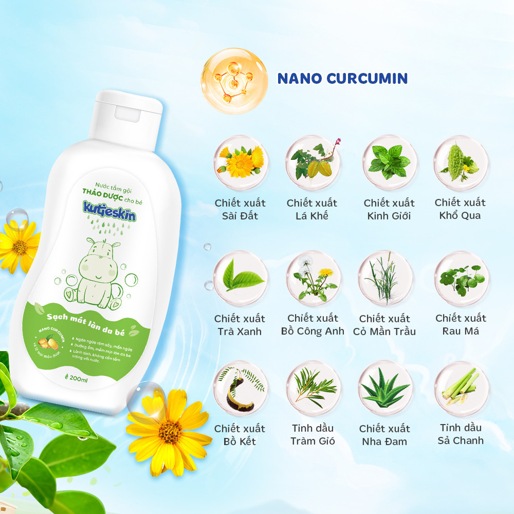 Nước tắm gội thảo dược cho bé KUTIESKIN 200ML