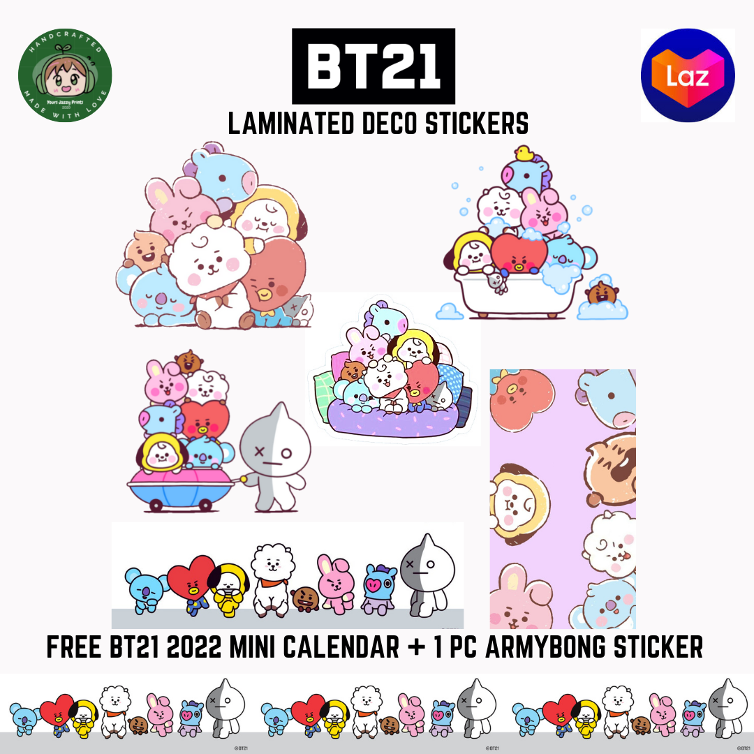 6 Pcs Bt21 Vinyl Stickers + Freebies Bt21 2022 Mini Calendar + 1 Pc Army  Lightstick Sticker | Cooky Tata Chimmy Koya Mang Shooky Rj Van | Tear Proof  | Waterproof |